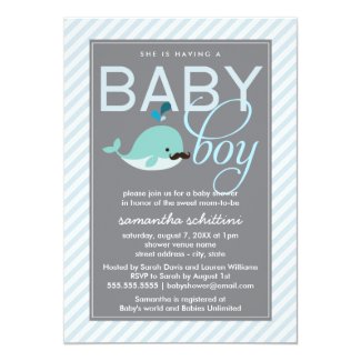 Modern Blue Baby Shower Boy Little Whale Mustache 5x7 Paper Invitation Card