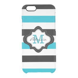 Modern Blue Black White Stripes Monogrammed Uncommon Clearly™ Deflector iPhone 6 Case