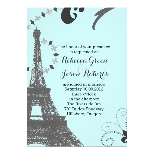 modern blue eiffel tower vintage paris wedding personalized invitations