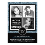 Modern Blue Faux Glitter  3 Photo Graduation Announcements