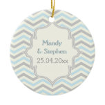 Modern blue, grey, ivory chevron pattern custom ornaments