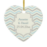 Modern blue, grey, ivory chevron pattern custom ornaments