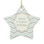 Modern blue, grey, ivory chevron pattern custom ornaments