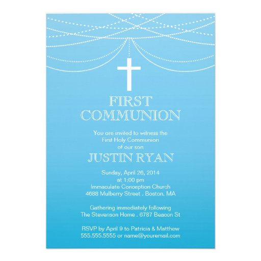 Modern Blue Ombre Garland Cross Boy Communion Announcements