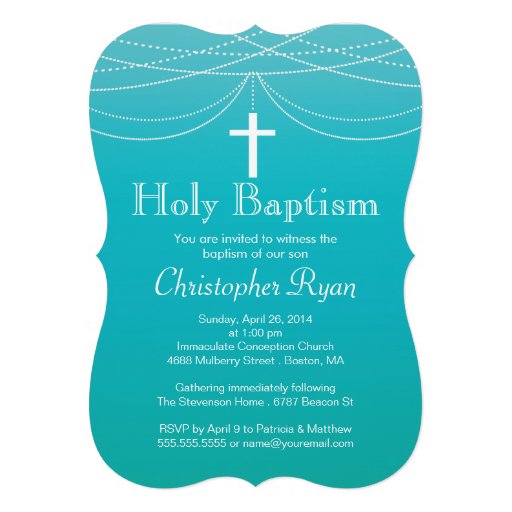 Modern Blue Ombre Garland Cross Holy Baptism Personalized Invites