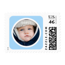 Modern blue photo frame for birth announcements stamp
