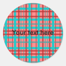 Modern blue red and pink plaid round stickers