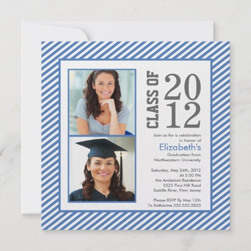 Modern Blue Stripes Photo Graduation Invitation