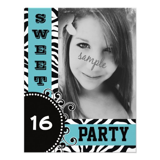 Modern Blue Zebra  Sweet 16 Birthday  Party Personalized Announcements