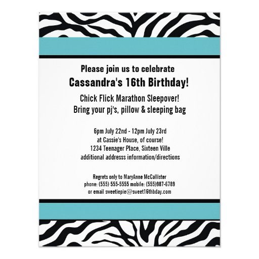 Modern Blue Zebra  Sweet 16 Birthday  Party Personalized Announcements