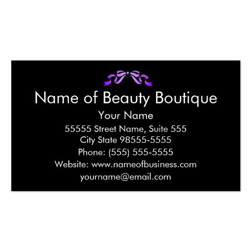 Modern Boutique Purple and Black Girly Ribbon Business Cards (back side)