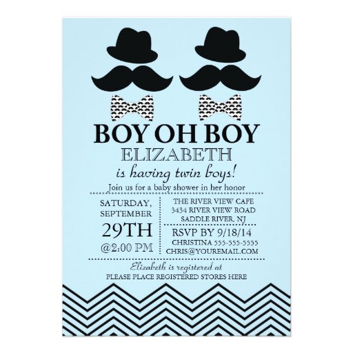 Modern Boy Little Man Mustache TWINS Baby Shower Custom Invites