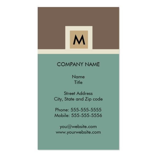 Modern Brown and Green Monogram Business Card (front side)