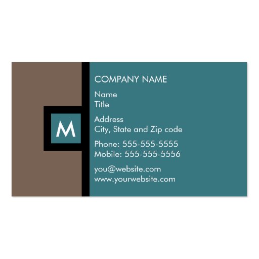 Modern Brown and Teal Monogram Business Card (front side)