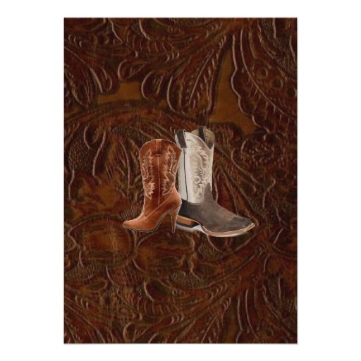 modern brown leather cowboy boots country wedding invites