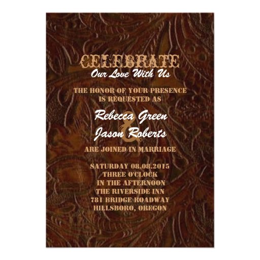 modern brown leather cowboy boots country wedding invites (front side)