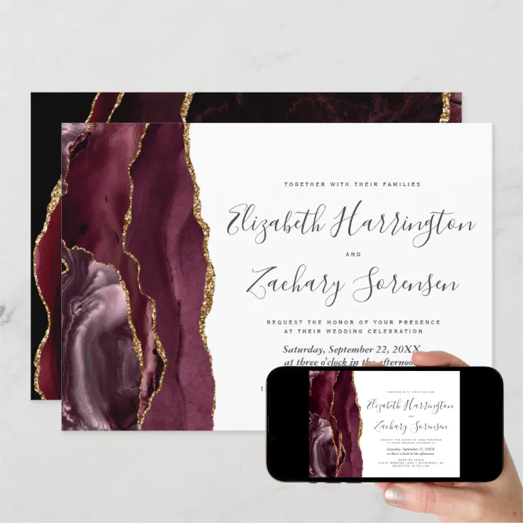 Modern Burgundy Gold Agate Wedding Invitation Zazzle