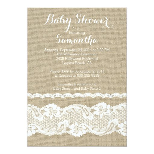 Modern Burlap & Lace Baby Shower Invitation (front side)