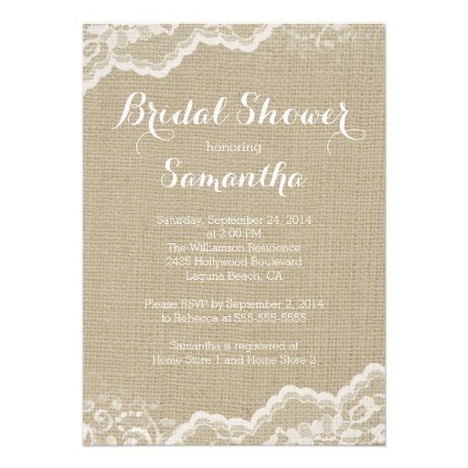 Modern Burlap & Lace Bridal Shower Invitation (front side)