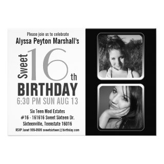 Modern BW 2 Photo Sweet 16 Party Invite
