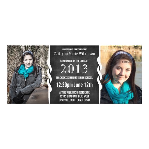 Modern BW Chalkboard 2 Photo Grad Party Personalized Invitation (front side)
