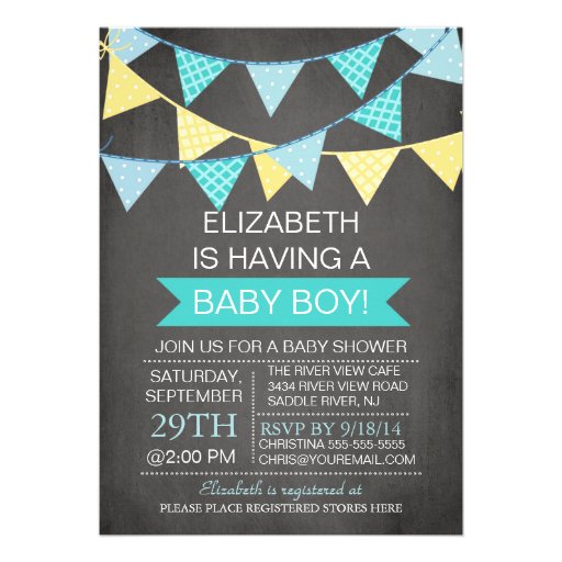Modern Chalkboard Bunting Boys Baby Shower Personalized Announcement (front side)