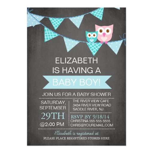 Modern Chalkboard Bunting Owl Boy Baby Shower Personalized Invite (front side)