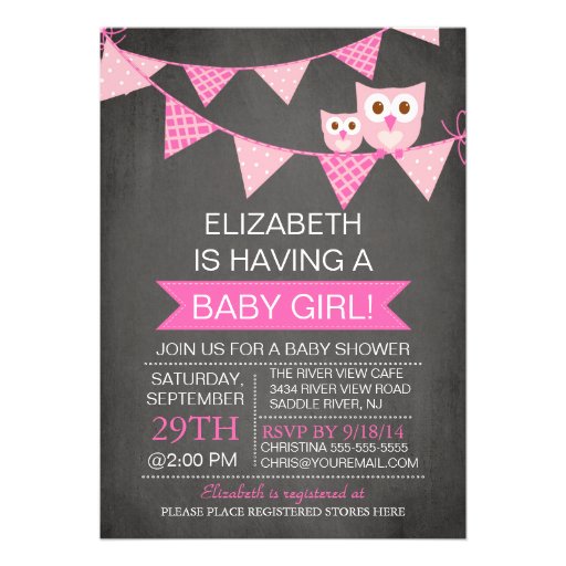 Modern Chalkboard Bunting Owl GIRL Baby Shower Personalized Announcement (front side)