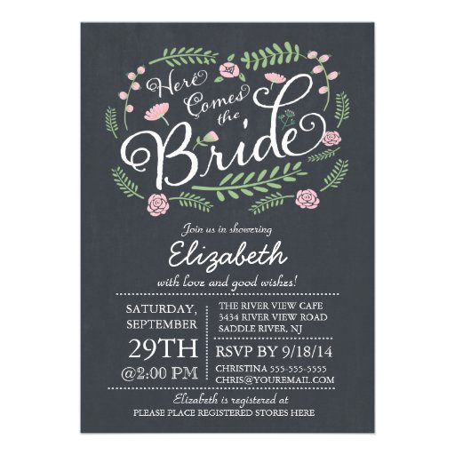 Modern Chalkboard Here Comes The Bride Floral Personalized Invite (front side)