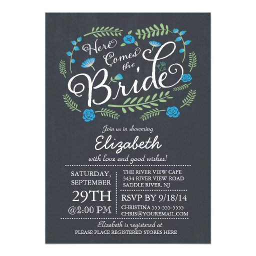 Modern Chalkboard Here Comes The Bride Floral Personalized Invitations