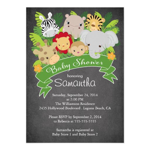 Modern Chalkboard Jungle Safari Animal Baby Shower Personalized Announcement (front side)