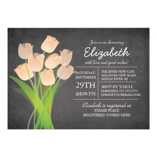Modern Chalkboard Peach Tulip Bridal Shower Custom Invitations (front side)