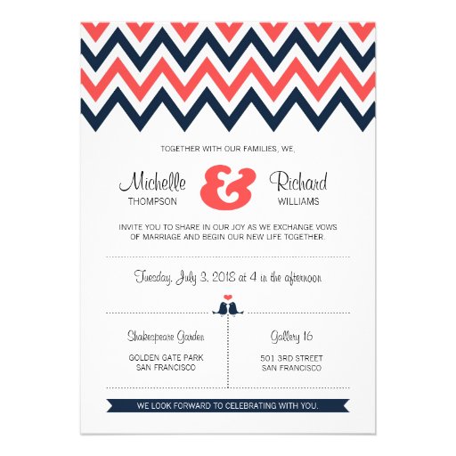 Modern Chevron (Coral & Navy) Wedding Announcement (front side)