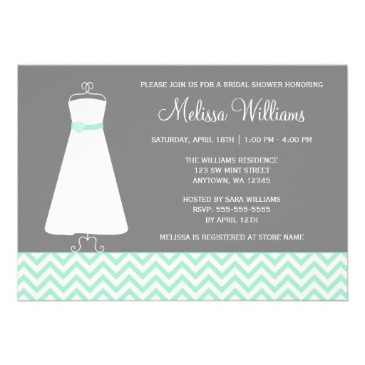 Modern Chevron Gown Mint Gray Bridal Shower Invites