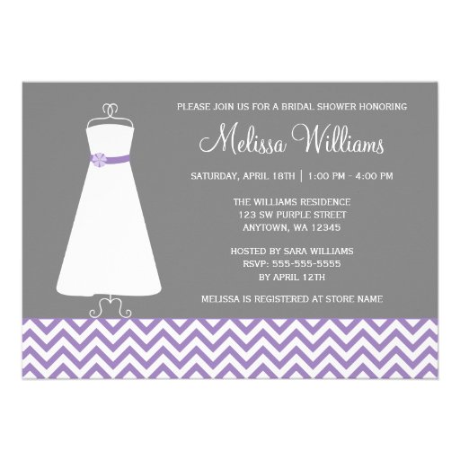 Modern Chevron Gown Purple Gray Bridal Shower Invites