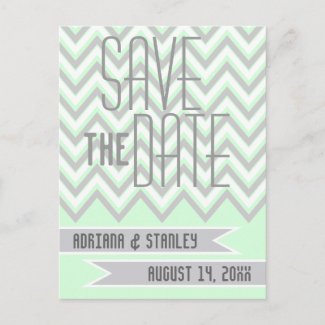 Modern chevron grey, mint wedding Save the Date Postcards