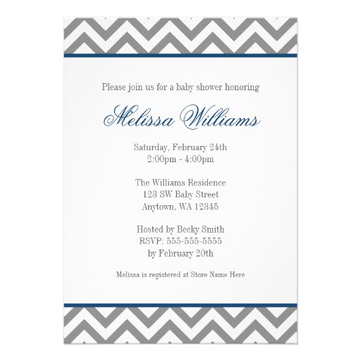 Modern Chevron Navy Blue Gray Boy Baby Shower Personalized Announcement