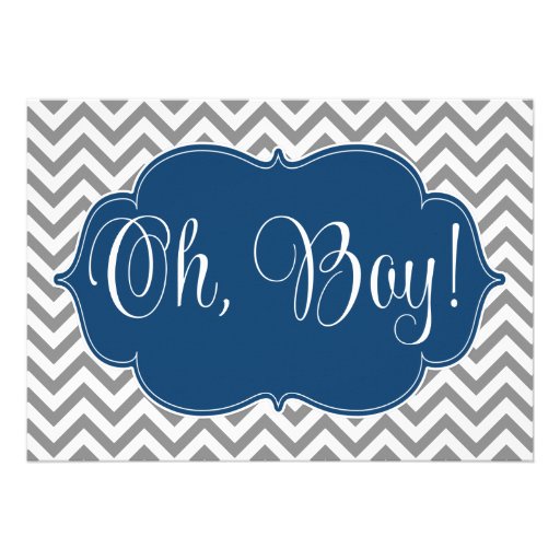 Modern Chevron Navy Blue Gray Boy Baby Shower Personalized Announcement (front side)