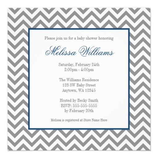 Modern Chevron Navy Blue Gray Boy Baby Shower Personalized Invite