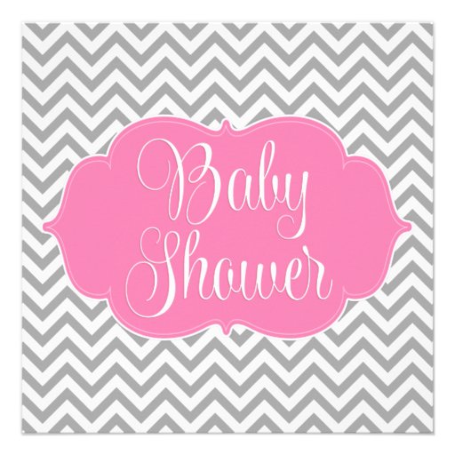 Modern Chevron Pink Gray Girl Baby Shower Custom Announcements (front side)