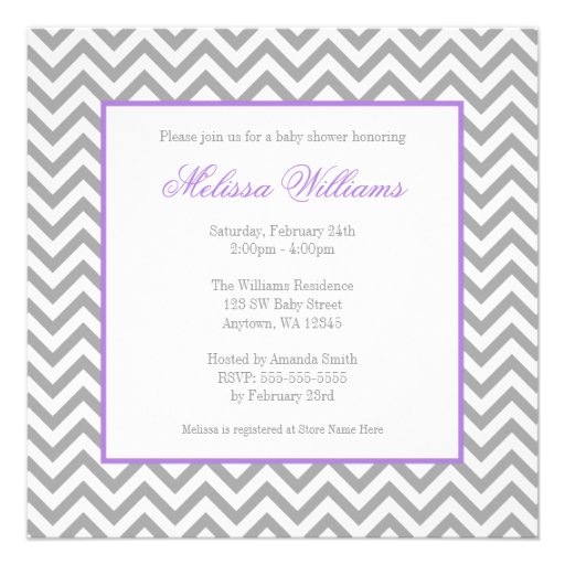 Modern Chevron Purple Gray Girl Baby Shower Personalized Invitations