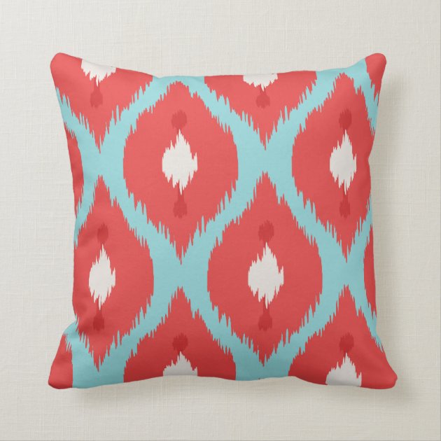 Modern chic red turquoise ikat pillow