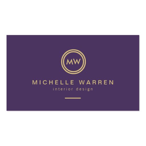 Modern Circle Monogram Initials on Royal Purple Business Card (front side)