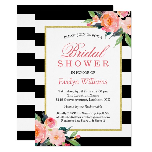 Modern Classic Black Stripes Floral Bridal Shower Card (front side)