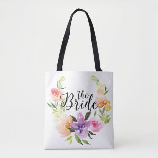 Modern Colorful Watercolors Wreath-The Bride Text Tote Bag
