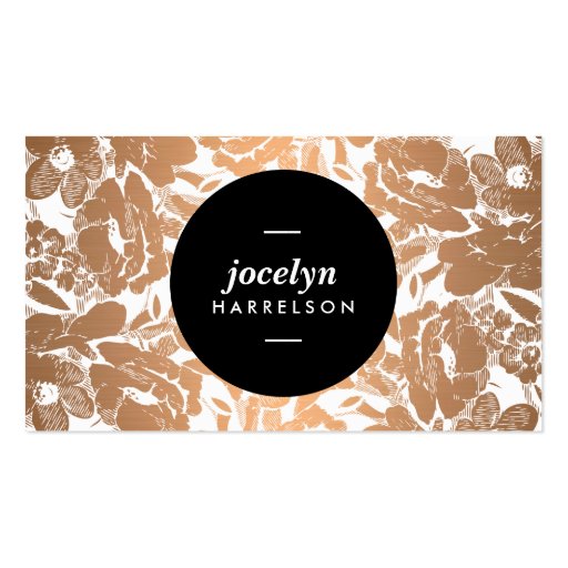 Modern Copper Flowers Black Circle Business Card (front side)