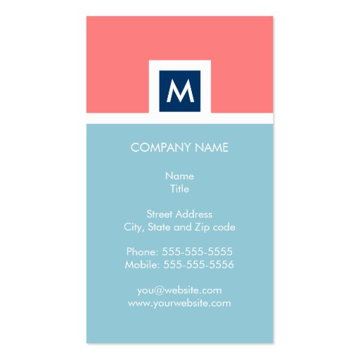 Modern Coral and Blue Monogram Business Card (front side)