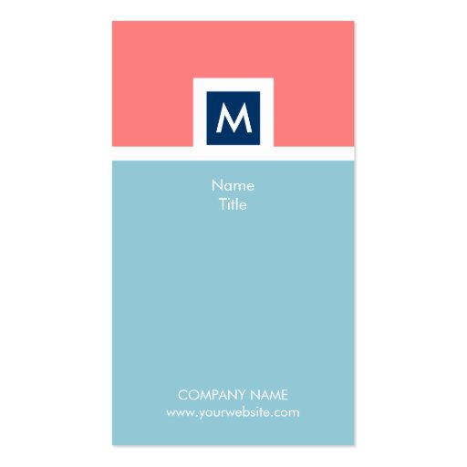 Modern Coral and Blue Monogram Business Card (back side)