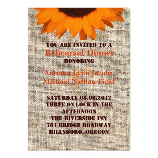 Modern Country burlap  orange Sunflower wedding Personalized Invite