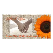 Modern Country orange Sunflower burlap wedding Photo Card